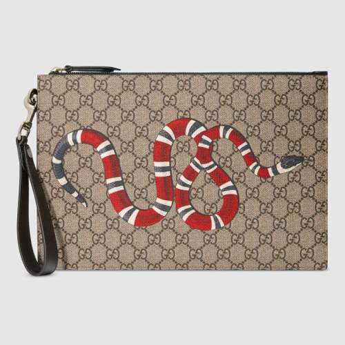 Gucci GG Men Gucci Bestiary Pouch with Kingsnake in Beige/Ebony GG Supreme Canvas