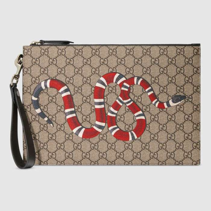 Gucci GG Men Gucci Bestiary Pouch with Kingsnake in Beige/Ebony GG Supreme Canvas