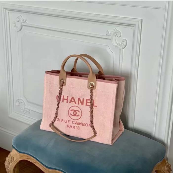 Chanel Women Deanville Shopping Bag Canvas Leather Mixed Fibers Pink