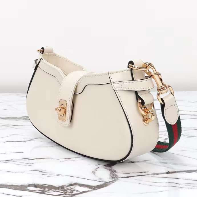 Gucci Women GG Moon Side Mini Shoulder Bag Ivory Leather Turn Lock