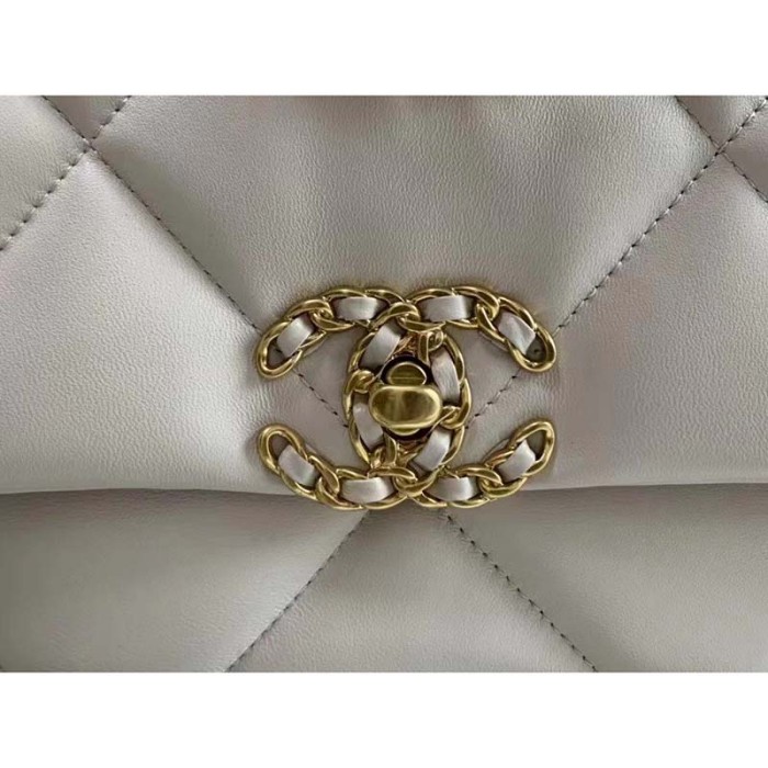 Chanel Women CC 19 Flap Bag Calfskin Gold Silver-Tone Metal White
