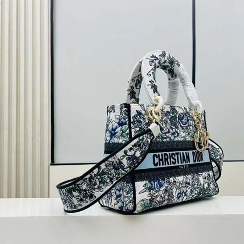 Dior Women CD Medium Lady D-Lite Bag White Multicolor Flowers Constellation Embroidery