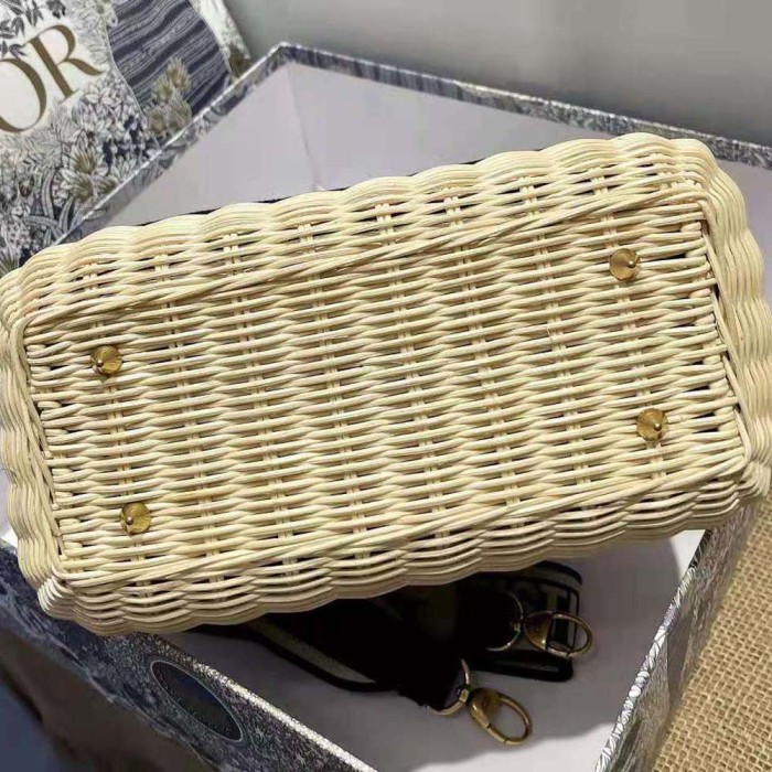 Dior Women Medium Lady Dior Bag Natural Wicker and Blue Dior Oblique Jacquard