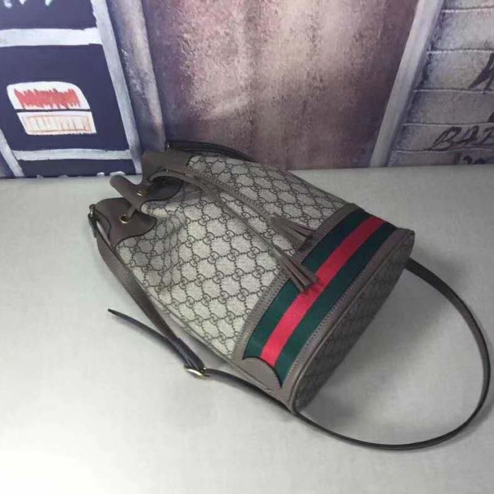 Gucci GG Women Ophidia GG Bucket Bag in Beige and Ebony GG Supreme Canvas