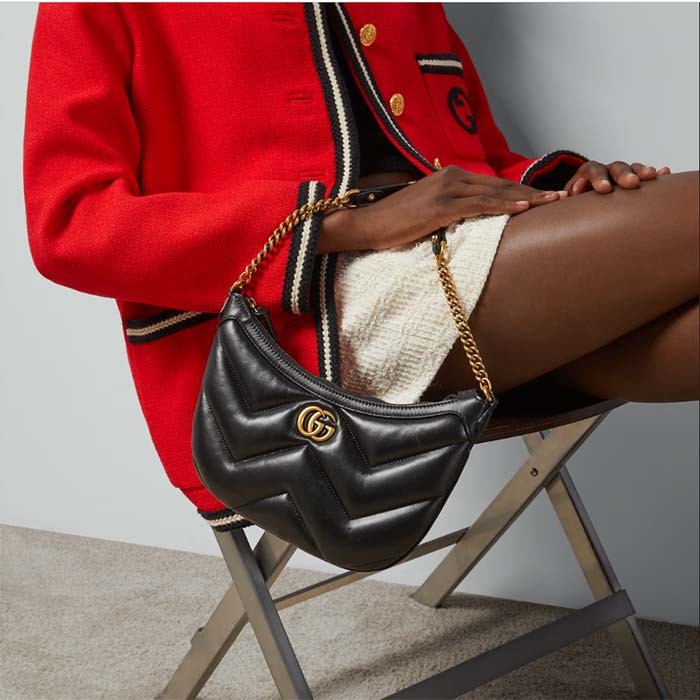 Gucci Unisex GG Marmont Small Shoulder Bag Black Matelassé Chevron Leather Double G