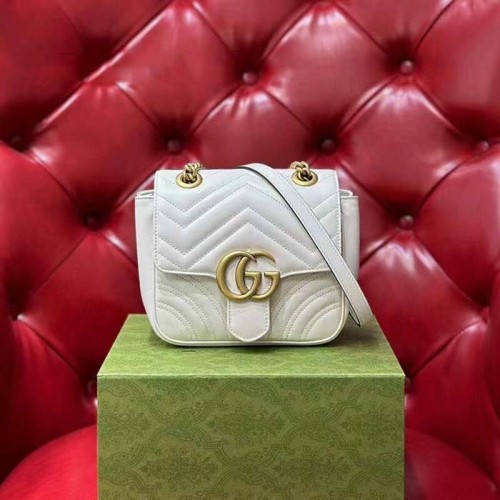 Gucci Women GG Marmont Matelassé Mini Tote Bag White Chevron Leather Double G