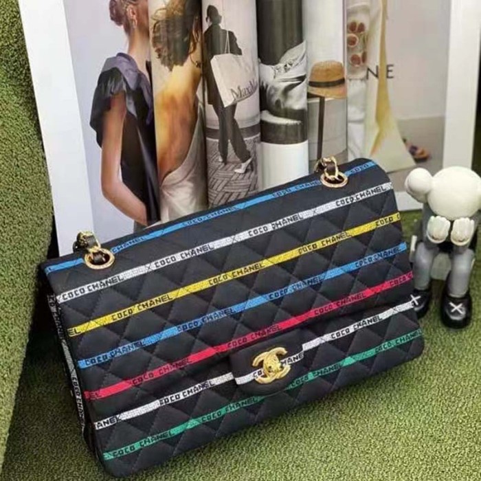 Chanel Women CC Classic Handbag Cotton Gold-Tone Metal Black Multicolor