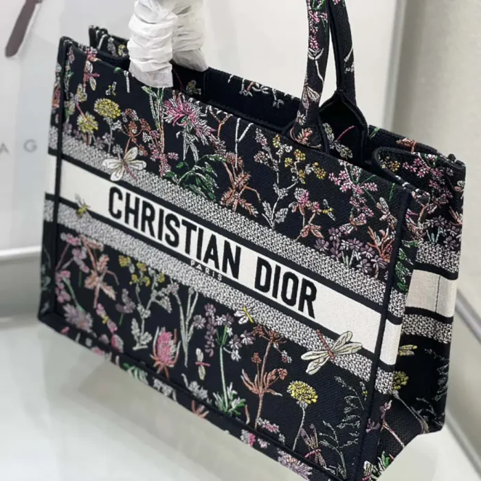 Dior Women Medium Dior Book Tote Black Embroidery with Multicolor Millefiori Unicorn Motif