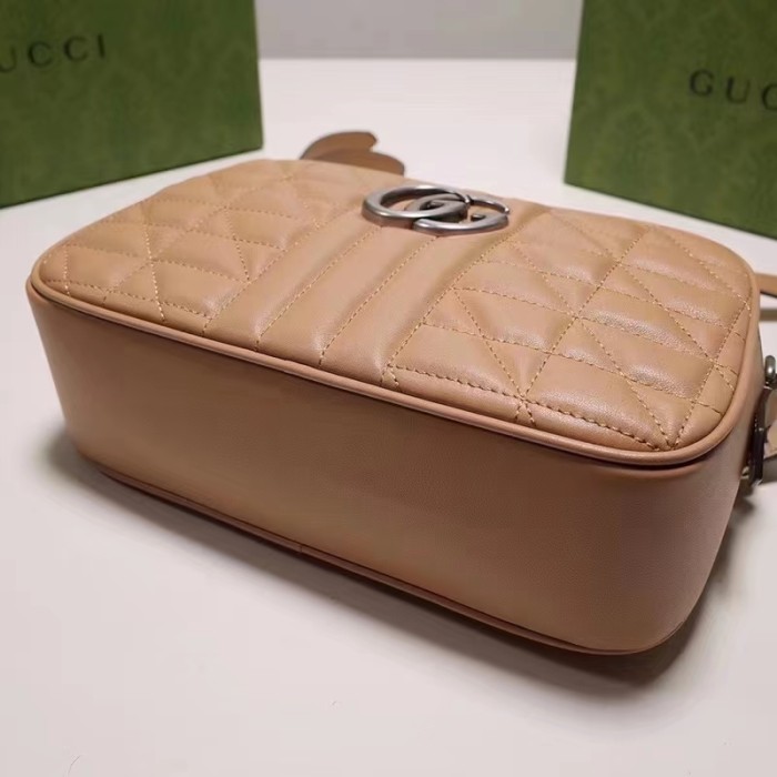 Gucci Women GG Marmont Small Shoulder Bag Beige Matelassé Leather