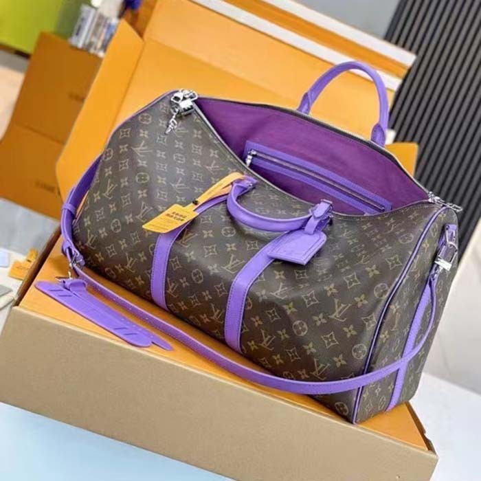 Louis Vuitton LV Unisex Keepall Bandoulière 50 Purple Monogram Macassar Coated Canvas