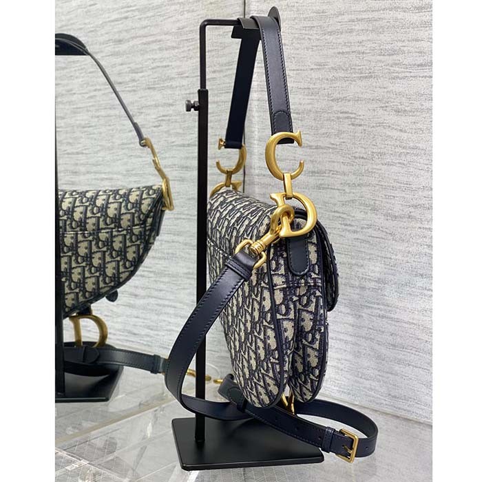 Dior Women Saddle Bag Strap Blue Dior Oblique Jacquard CD Signature Interior Back Pocket