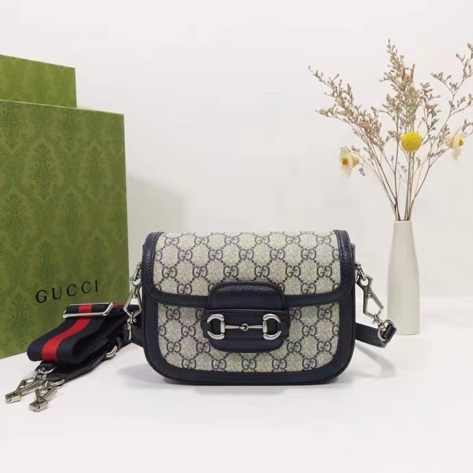 Gucci Unisex Gucci Horsebit 1955 GG Mini Bag Beige Blue GG Supreme Canvas