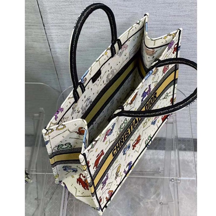 Dior Unisex CD Large Book Tote Latte Multicolor Dior Pixel Zodiac Embroidery