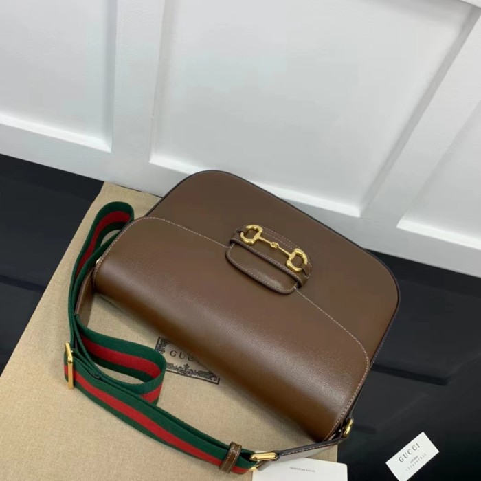Gucci GG Unisex Horsebit 1955 Shoulder Bag Brown Leather Green Red Web