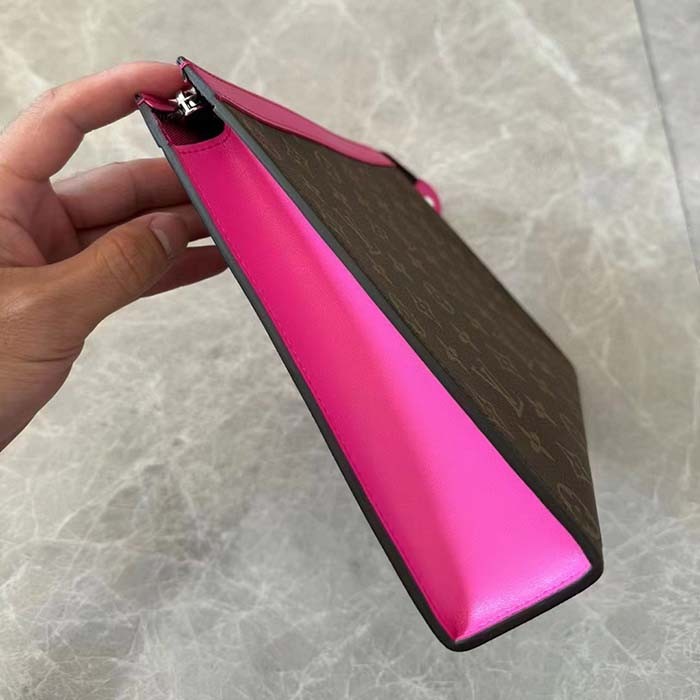 Louis Vuitton LV Unisex Pochette Voyage MM Pink Monogram Macassar Coated Canvas Cowhide-Leather