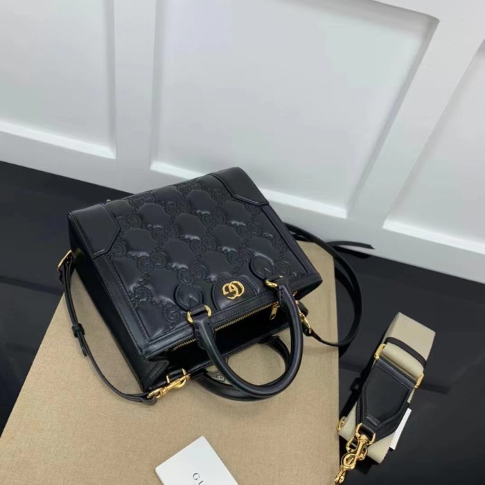 Gucci Women GG Matelassé Mini Top Handle Bag Black Leather Double G