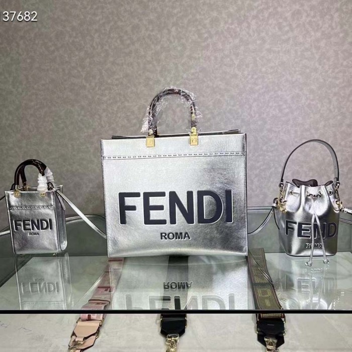 Fendi Women Fendi Sunshine Medium Silver Laminated Leather Shopper