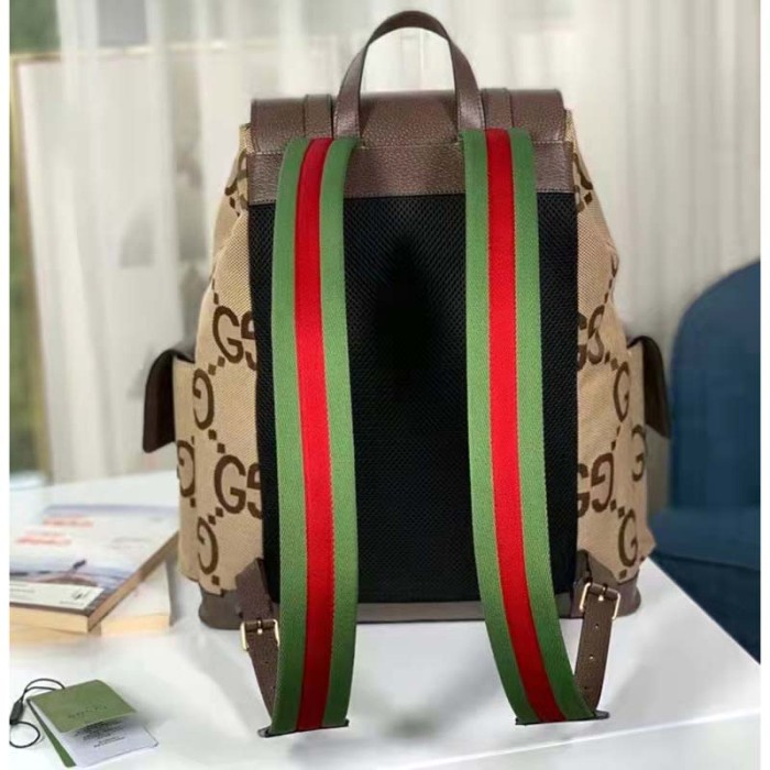 Gucci Unisex Backpack Jumbo GG Camel Ebony Canvas Brown Leather