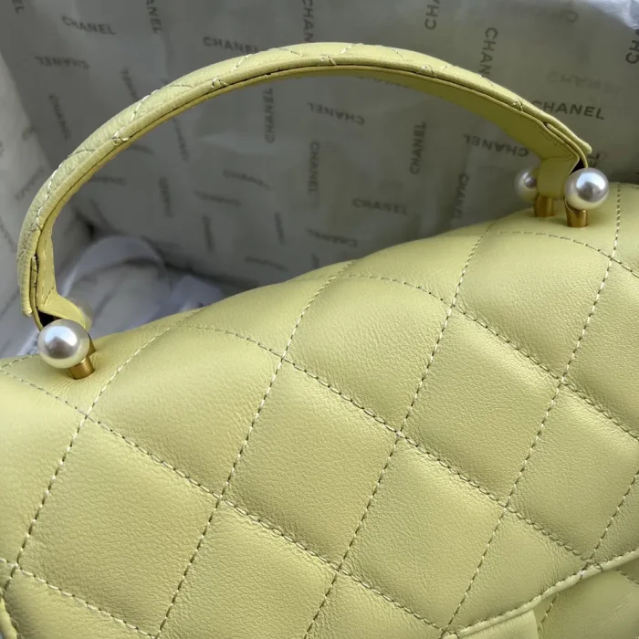 Chanel Women Mini Flap Bag with Top Handle Shiny Lambskin Imitation Pearls-Yellow