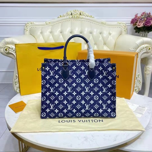 Louis Vuitton LV Unisex Onthego MM Tote Navy Blue Denim Jacquard Textile Calf