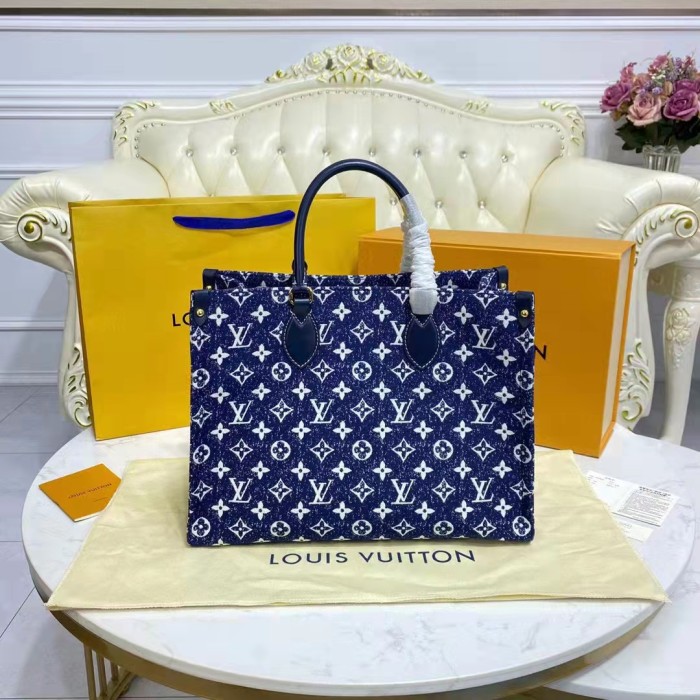 Louis Vuitton LV Unisex Onthego MM Tote Navy Blue Denim Jacquard Textile Calf