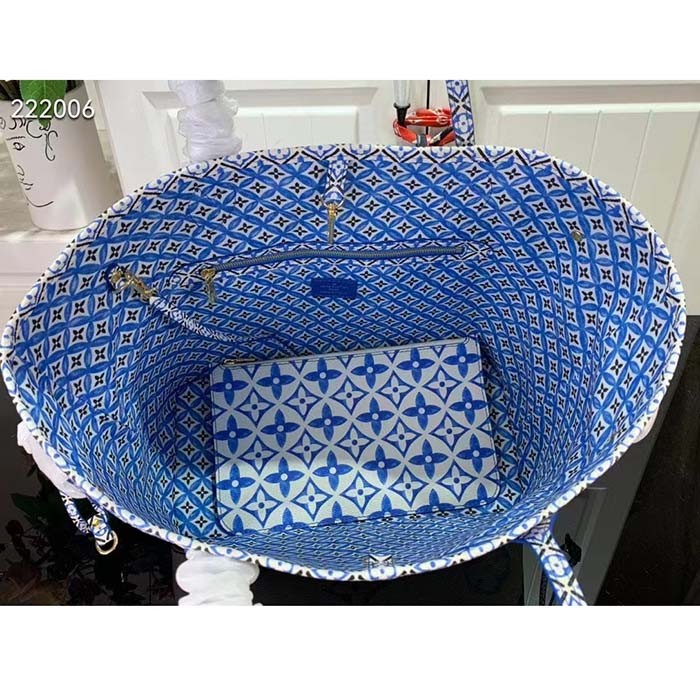 Louis Vuitton LV Unisex Neverfull MM Blue Monogram Coated Canvas Textile Lining