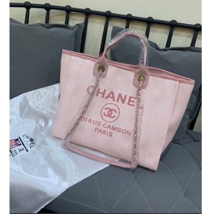 Chanel Women Deanville Shopping Bag Canvas Leather Mixed Fibers Pink