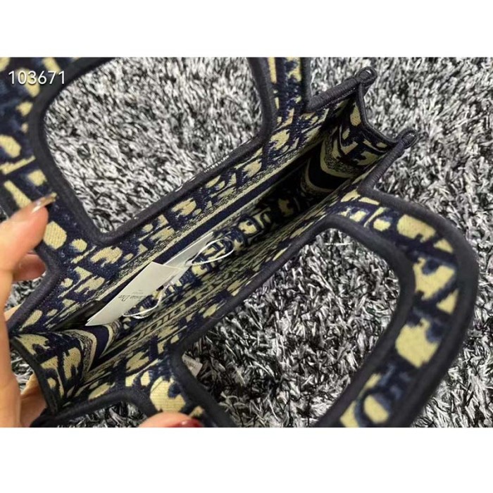 Dior CD Women Mini Dior Book Tote Blue Dior Oblique Embroidery