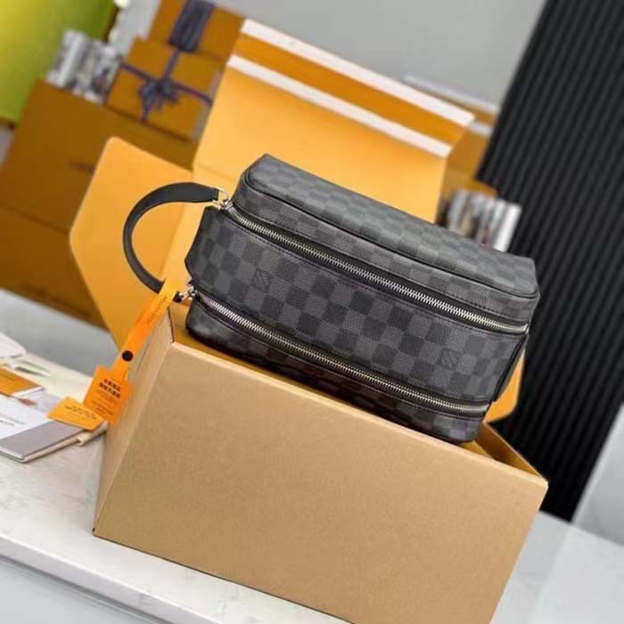 Louis Vuitton LV Unisex Dopp Kit Toilet Pouch Damier Graphite Coated Canvas Cowhide-Leather