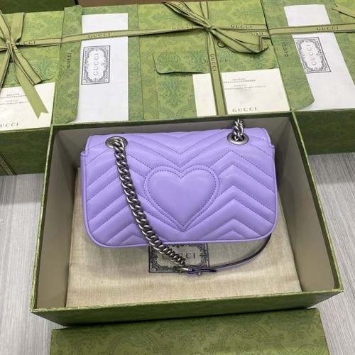 Gucci Women GG Marmont Small Shoulder Bag Lilac Matelassé Chevron Heart Double G