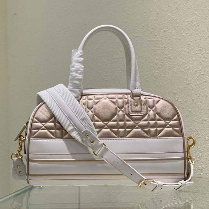 Dior Women CD Medium Vibe Zip Bowling Bag White Padded Étoile Calfskin