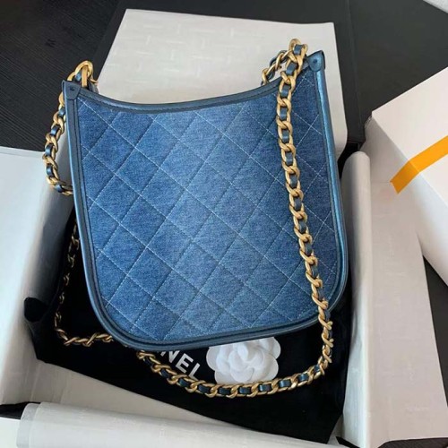 Chanel Women CC Hobo Handbag Washed Denim Gold-Tone Metal Blue