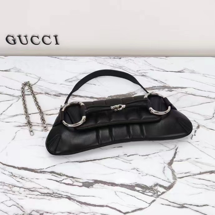 Gucci Women Horsebit Chain Medium Shoulder Bag Black Quilted Leather Maxi Horsebit