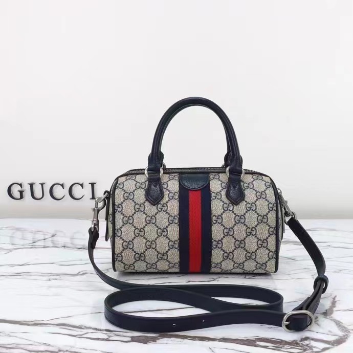 Gucci GG Unisex Ophidia GG Mini Top Handle Bag Beige Blue GG Supreme Canvas Leather