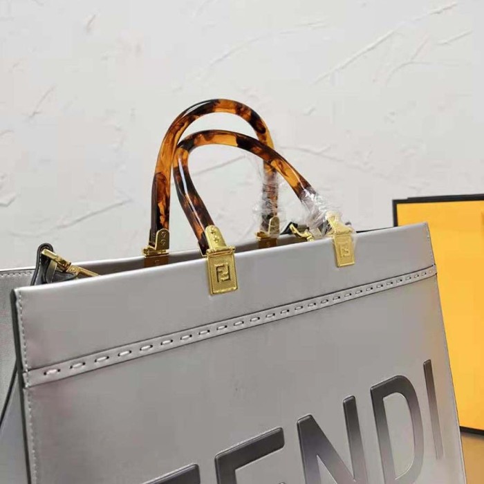 Fendi Women Fendi Sunshine Medium Silver Laminated Leather Shopper
