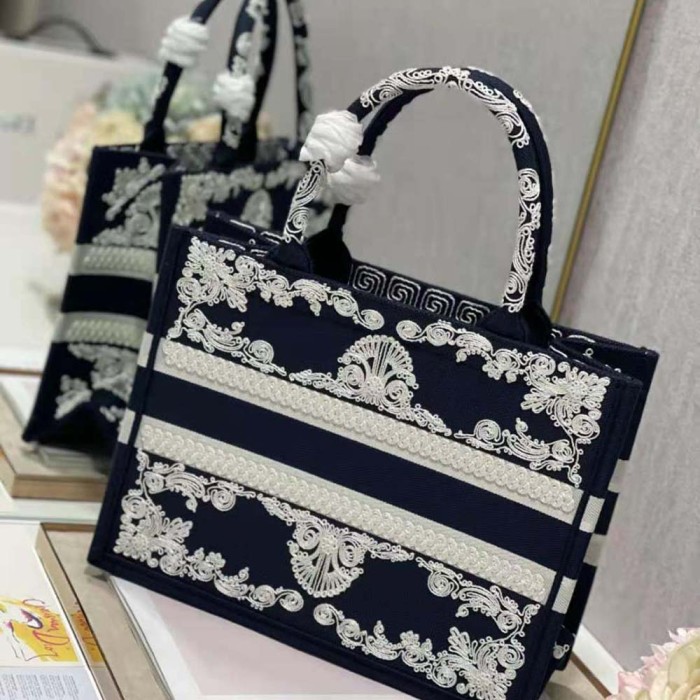 Dior Women Medium Dior Book Tote Blue Cornely-Effect Embroidered Calfskin