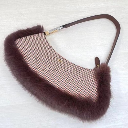 Fendi Women FF O’Lock Swing Brown Houndstooth Wool Fox Fur Pouch