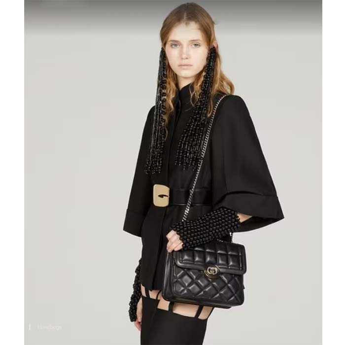 Gucci Women GG Deco Small Shoulder Bag Black Quilted Leather