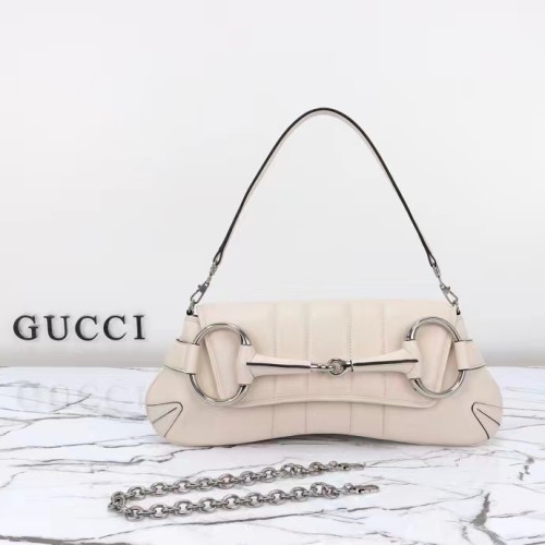 Gucci Women Horsebit Chain Medium Shoulder Bag White Quilted Leather Maxi Horsebit