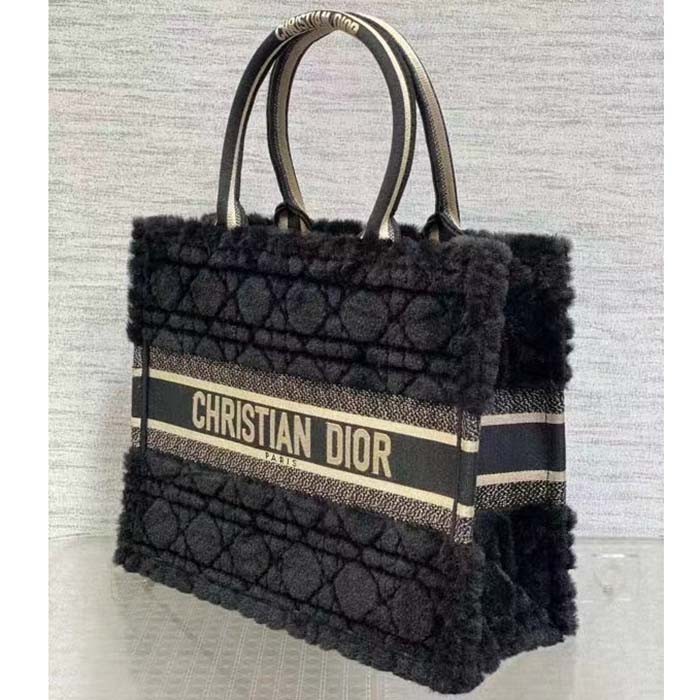 Dior Women CD Medium Dior Book Tote Black Cannage Shearling