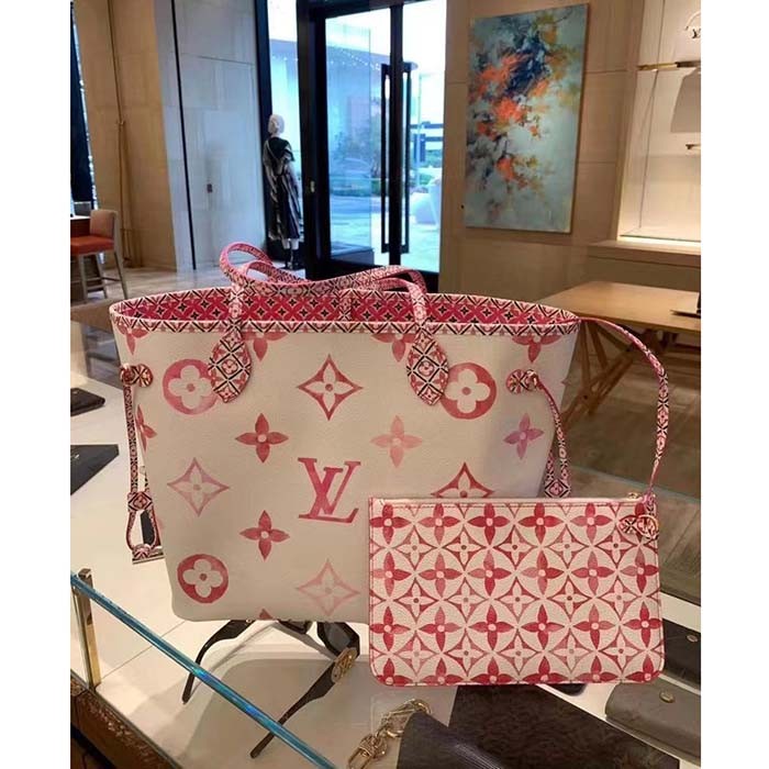Louis Vuitton LV Unisex Neverfull MM Pink Monogram Coated Canvas Textile Lining