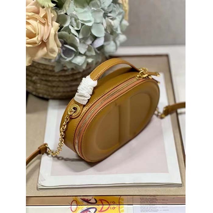 Dior Women CD Signature Oval Camera Bag Golden Saddle Calfskin Calfskin Embossed