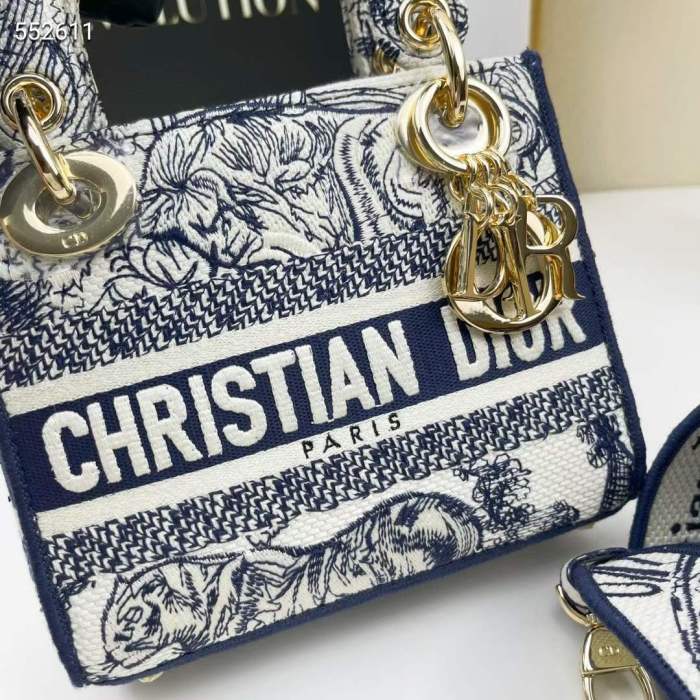 Dior Women CD Mini Lady D-Lite Bag White Navy Toile De Jouy Embroidery