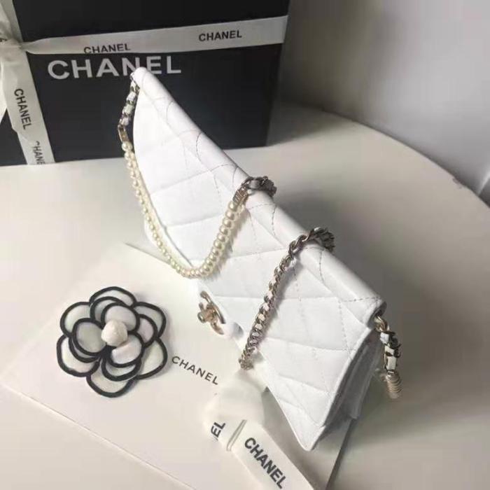 Chanel Women Flap Bag White Ringer Pearl in Goatskin Leather