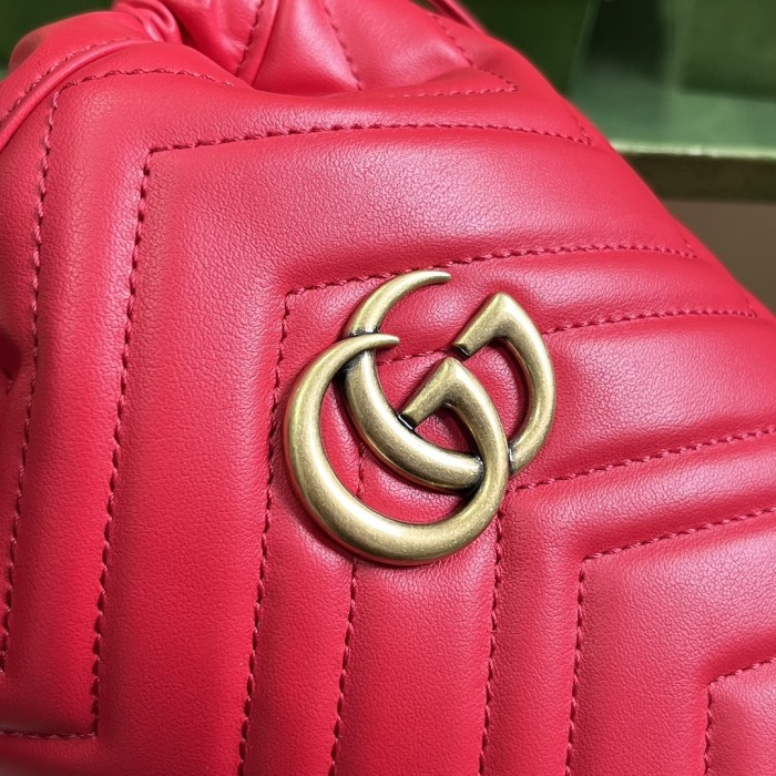 Gucci Women GG Marmont Mini Bucket Bag Red Matelassé Chevron Leather Double G