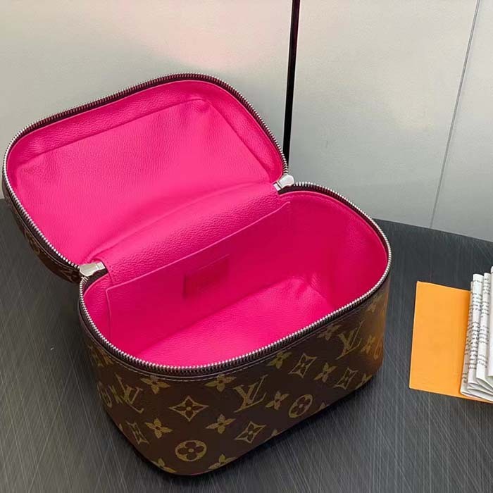 Louis Vuitton LV Unisex Nice Mini Toiletry Pouch Rose Pink Monogram Macassar Coated Canvas Cowhide Leather
