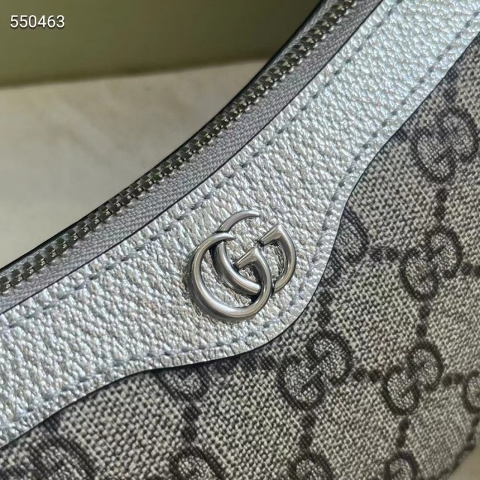 Gucci Women Ophidia Mini Bag Beige Ebony GG Supreme Canvas Metallic Silver Leather Double G