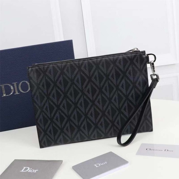 Dior Unisex A5 Pouch Black CD Diamond Canvas Smooth Calfskin