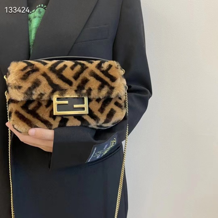 Fendi Women Mini Baguette Brown Sheepskin Sheep Fur Calfskin Bag