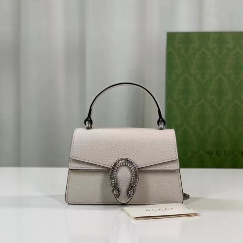 Gucci GG Women Dionysus Mini Top Handle Bag White Leather Crystal Hardware Tiger Head Closure